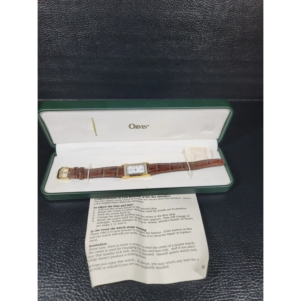 Orvis Quartz Watch Mens Rectangular Tank Leather Box Date VTG - Needs Battery